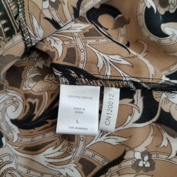 7th Avenue Paisley Blouse LARGE Black Brown Tan Pink Ruffle Button Front V Neck  - Picture 5 of 15